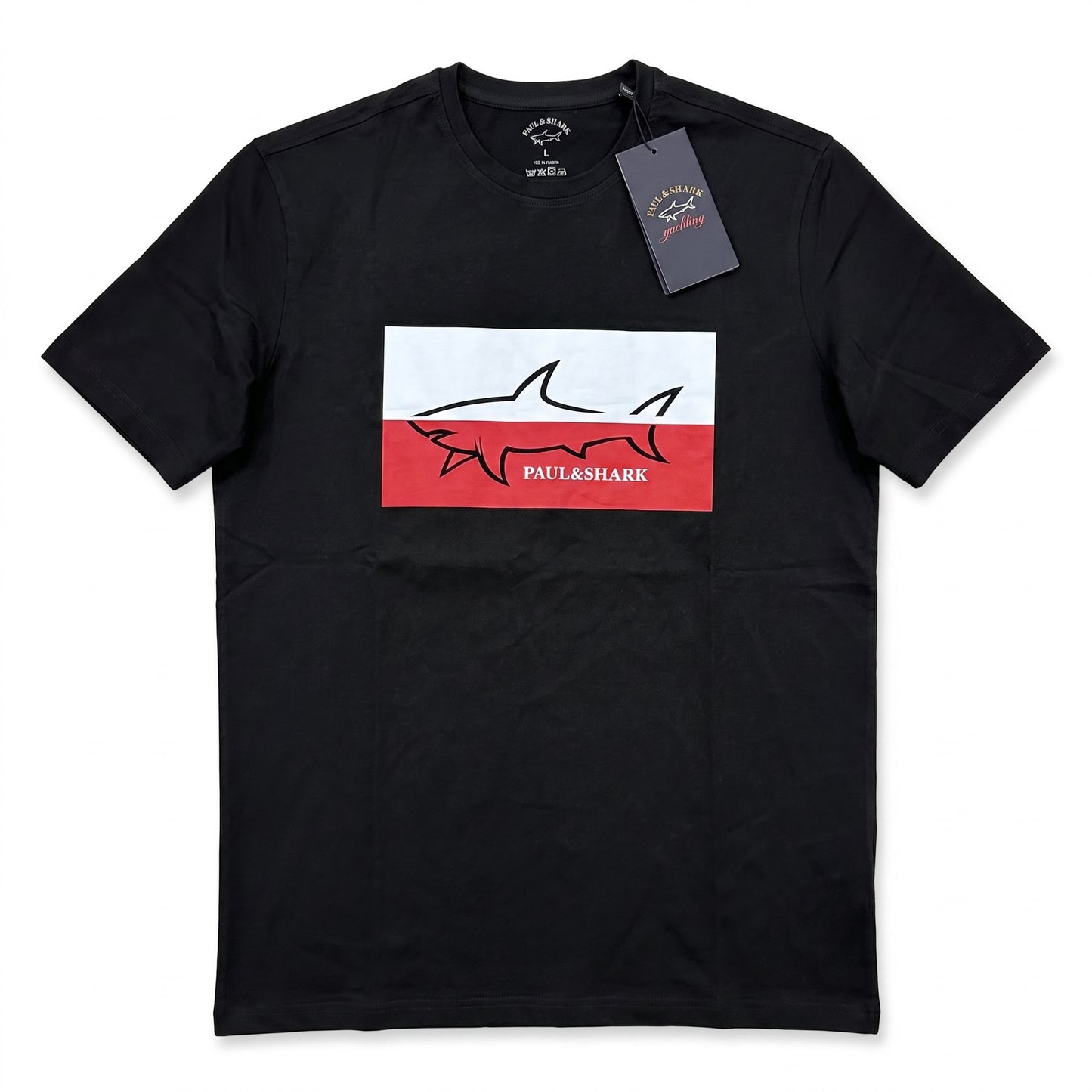 ZIROX Paul & Shark black cotton crew neck t-shirt featuring a white and red graphic shark logo print on the chest.