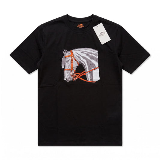 HERMES Paris Horse Graphic Short Sleeve Cotton T-Shirt